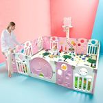 Metreno 16 panel Playpen for Babies upto 5 year Foldable Baby Play Area Indoor Setup Play Yard Fence for Toddlers Kids Playarea Setup Outdoor Children Play Area with Gate, Balls, Basketball Stand, mat (5.2*6.1 FT=30 SQFT Pink )