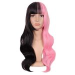 MapofBeauty 24 Inch/60cm Multicolor Flat Bangs Long Curly Fashion Cosplay Party Wig (Half Pink Half Black)