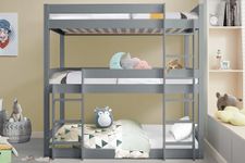 Triple Bunk Bed, 3ft Wooden Bunk Beds With Ladder Triple Sleeper Kids Bunk Bed, Solid Pine Wood Single Bed frame For Kids Children Home (Grey, L197 cm x W96 cm x H198 cm)