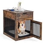 Giantex Dog Crate Furniture, Dog Kennel End Table with Chew-Proof Metal Fence, Lockable Door, Storage Drawer, Wired and Wireless Charging, Wooden Pet Cage Side Table Indoor (Rustic Brown)