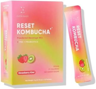 Everydaze Reset Kombucha Tea Powdered Beverage Mix | 10 Sticks | Prebiotics + Probiotics | Vegan | No Added Sugar, Gluten Free, Sparkling Powder Drink Pack (Strawberry Kiwi)