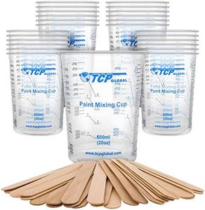 TCP Global 20 Ounce (600ml) Disposable Flexible Clear Graduated Plastic Mixing Cups - Box of 25 Cups & 25 Mixing Sticks - Use for Paint, Resin, Epoxy, Art, Kitchen - Measuring Ratios 2-1, 3-1, 4-1, ML