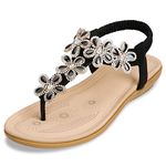 ZOEREA Women's Flat Sandals, T-Strap Rhinestone Flower Bead Sandals, Ladies Summer Folk Boho Clip Toe Flip Flops Shoes, Black 3, 9 UK
