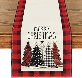 Artoid Mode Watercolor Red and Black Buffalo Plaid Christmas Trees Table Runner, Merry Xmas Winter Holiday Kitchen Dining Table Decoration for Indoor Outdoor Home Party Decor 33 x 273 cm