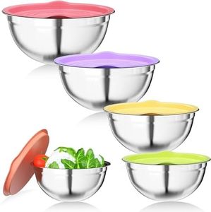 QIXIAOTOUQI Mixing Bowl Set of 5, Stainless Steel Mixing Bowls with Airtight Multicolord Lids, Salad Bowls Size 4.5L/3.5L/2.5L/2L/1.4L,Multifunctional Bowls with Lids for Baking,Cooking,Food Prep