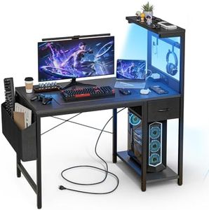 Grandder Gaming Desk 100 x 50 cm with Power Outlet and LED Light, Pc Small Computer Desk with Reversible Shelves and Storage Drawer, Pc Small Table for Home Office Table with Bag, Carbon Fiber Black