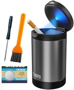 THIKPO Car Ashtray with Lid, Portable Ashtray for Car, Mini Car Trash Can, Detachable Stainless Steel Smokeless Ash Tray with LED Blue Light