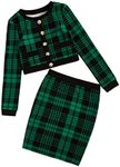 Milumia Girl's Two Piece Outfits Houndstooth Button Front Blazer Jacket and Skirt Sets Black and Green 10 Years