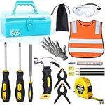 QeeHeng Kids Real Tool Set - 20Pcs Construction Tool With Blue Toolbox and Protective Clothing, Woodworking Tool Set for Beginner, Educational Gift