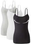 Knuffnee Womens Camisole with Shelf Bra Cotton Camis Undershirts Adjustable Spaghetti Strap Tank Tops 3 Pack Grey/White/Black M