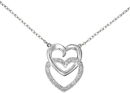 Double Interlocking Heart Diamond Pendant Necklace in 925 Sterling Silver, 0.05 Cttw (I-J Color, I3 Clarity), with 17-inch Adjustable Silver Chain, by Brilliant Expressions, Diamond,