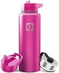 IRON °FLASK Sports Water Bottle - Wide Mouth with 3 Straw Lids - Stainless Steel Gym & Outdoor Bottles for Men, Women & Kids - Double Walled, Insulated Thermos, Metal Canteen - Pink Tulip, 40 Oz