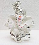 Gold Art India Ceramic Pagdi Ganesh Idol For Car Dashboard Small Ganesha Murti Ganpati Idol For Home Decor Puja Lord Ganesh Statue Gift For Office Desk Puja Room Figurine, 6X4X3Cm, Silver