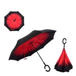L&L® Double Layer C-Handle Inverted Upside Down Waterproof Reverse Umbrella UK (Red Flower)