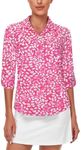 Luranee Womens Golf Shirt Quick Dry 3/4 Sleeve T Shirts 2-Buttons Polo Workout Tops UPF 50+ Shirts White Leaf Pink S