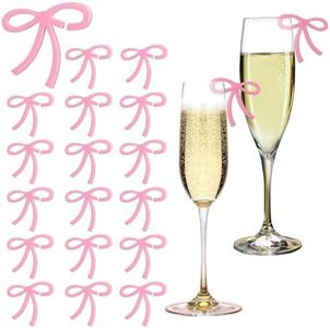 Winmany 20PCS Acrylic Bow Heart Drink Tags Pink Blue Black Laser Bowknot Party Drink Supplies Wine Glass Decorations (Pink Bow)