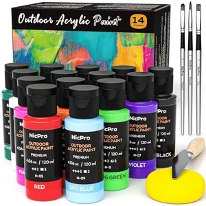 Nicpro 14 Colors Outdoor Acrylic Paint Bulk (4.06 oz,120ml) with Brush and Sponge, Knife, Non-Toxic Gloss Paint for Multi-surface Rock, Wood, Fabric, Leather, Crafts, Canvas, Shoes and Wall Painting