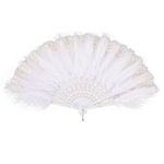 MWOOT Marabou Feather Fan, 1920s Embroidered Flower Handheld Feather Fan, Roaring 20s Vintage Style Flapper Hand Fan for Costume Halloween Dancing Show Tea Party Wedding Decoration - White