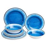 Amazon Basics Melamine Dinnerware Set, Service for 4, Blue Crackle Glaze - Set of 12