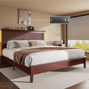 Lifezone King Bed Frame with Headboard, Solid Wood Bed Frame King Size with Charging Station & RGB LED, Wood Slats Support, Noise-Free, Sturdy Structure, Easy Assembly, Mahogany