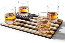 2nd Amendment American Flag Glasses, Set of 4 Hand Blown Old Fashioned Whiskey Rocks Glasses, Wood Flag Tray with Patriots Gun Rights Law & Military Gift Set