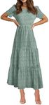 BTFBM Women Casual Short Sleeve Crew Neck Summer Dress Bohemian Floral Printed Flowy Maxi Dresses Tiered Cocktail Dress, Light Green, X-Large