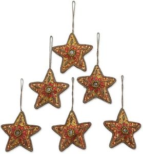 NOVICA Artisan Handmade Beaded Star from India Orange Red Holiday Decor Christmas 'Brilliant Stars'(Set of 6)