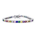 Bling Jewelry 12 CTW Prong Basket Set Solitaire Round Cubic Zirconia AAA CZ LGBTQ Colorful Rainbow Multi Color Tennis Bracelet for Women Prom Bride Silver Plated