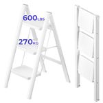 JOISCOPE 3 Step Ladder, Iron Folding Step Stool with Wide Anti-Slip Thickened Pedal, Multi-Use Ladder for Kitchen, Household, and Office, 600 Lbs Capacity, White