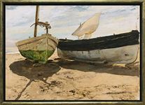 Startonight Luxury Framed Art Gold Joaquin Sorolla Y Bastida Fishing Boats on the Beach, Valencia Reproduction Elegant Quantic Home Decoration 70 x 100 CM