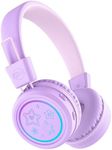 MEE audio KidJamz KJ55BT Bluetooth Wireless Safe Listening Headphones for Children w/LED Lights, 85dB Volume Limiter, Microphone, & 40h Battery; Kids Headset for School/iPhone/iPad/Tablet (Lavender)