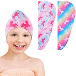 2 Pack Kids Drying Towel Wrap with Mermaid Girls Qucik Dry Hair Turban for Wet Hair Anti Frizz (Rainbow Unicorn)