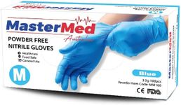 Mastermed Nitrile Tear Resistant Gloves 3.5g, Powder-free, Latex-Free, Natural Rubber, Disposable, Medical, Cleaning, Examination, Chemicals, Tattoos, General use, Food Safe - (100pcs, Blue) (Medium)