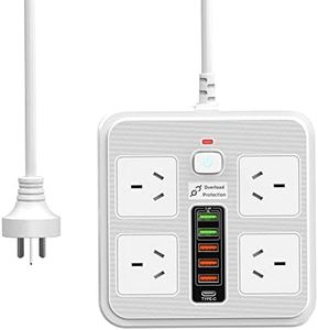 Power Board 2 Meters Extension Cord 10A Power Strip with Surge Protection, 4 AC Outlets 5 USB-A/1 USB-C Charging Ports, Fire-Proof Shell Built-in Overload Protection, Wall-Mountable Power Board White