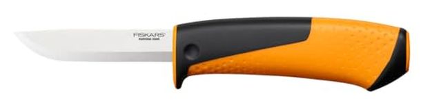 Fiskars Utility Knife including Holster with Integrated Knife Sharpener, Total length: 21.5 cm, Black/orange, 1023618