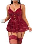 OYOANGLE Women's Plus Size Garter Lingerie Set Polka Dots Cut Out Underwire Chemise Nightgown with Stocking Burgundy 4X-Large Plus