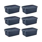 Rubbermaid Roughneck 10 Gallon Storage Totes, Pack of 6, Durable Stackable Storage Containers with Lids, Nestable Plastic Storage Bins for Tools, Moving Boxes, Toy Storage, Dark Indigo Metallic