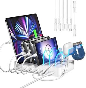 SooPii Stazione di Ricarica da 60W per Dispositivi Multipli, Stazione di Ricarica USB a 6 Porte con 6 Cavi Misti, Ricarica Rapida USB-C PD da 20 W per lPhone,Tablet e Altri Dispositivi Elettronici