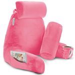 New & Improved Reading Pillow, Large Bed Rest Pillow with Arms + 2 Detachable Pillows - Shredded Memory Foam TV Pillow, Neck Roll & Lumbar Support Pillow - Set of 3 - Light Pink