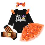 Savlot Baby Girl My First Halloween Outfit Long Sleeve Pumpkin Ghost Printed Romper Tutu Skirt with Leg Warmers Headband 4pcs Infant Newborn Clothes Set