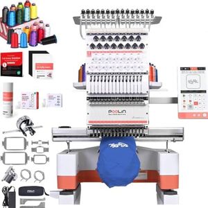 Poolin EOM 15-Needle Embroidery Machine | Starter Bundle – Includes 3D Puffy Foam,15 Threads,144pcs Pre-Wound Bobbins, 12x25'' Cut Away Stabilizer