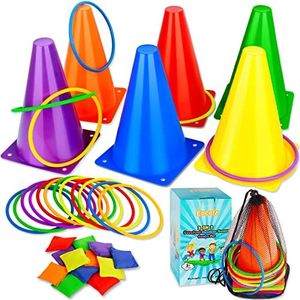 Eocolz 3 in 1 Carnival Games Set, Soft Plastic Cones Bean Bags Ring Toss Games for Kids Birthday Party Outdoor Games Supplies 26 Piece Combo Set