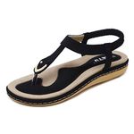 Women's Summer Bohemia Clip Toe Sandals Boho Outdoor Beach Ladies Flip Flops Flat T-Strap Toe Post Thongs Shoes Black Size 5 UK