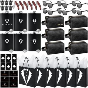 60Pcs Groomsmen Gifts Set of 6, Groomsmen Proposal Box with Flasks Sunglasses PU Leather Toiletry Bag Bottle Opener for Wedding Groomsman Best Man Gift (Black)