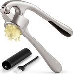 MahMir® Kitchen Premium Garlic Press with Soft, Easy to Squeeze Handle - Includes Silicone Garlic Peeler & Cleaning Brush - 3 Piece Garlic Mincer Tool - Sturdy Easy to Clean Garlic and Ginger Crusher