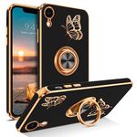 BENTOBEN iPhone XR Case, Phone Case iPhone XR 6.1, Slim Fit Gold Butterfly Design Kickstand Ring Holder Shockproof Protection Soft TPU Bumper Drop Protective Girls Women Boy iPhoneXR Cover, Black/Gold