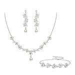 Clearine Bridal Pearl Jewellery Set for Women Ivory Colour Simulated Pearl Marquise Cubic Zirconia Cluster Pendant Necklace Dangle Earrings Braclet Set