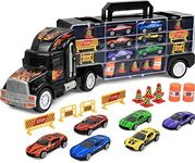 Click N’ Play Truck Transport Carrier Toy for Boys and Girls, 15 Piece Hauler Truck with Cars, Road Signs, & More, Includes 28 Car Slots - Great Gift For Toddlers & Kids Age 3+, Black