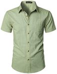 PARKLEES Men's Fitted Cotton Linen Casual Short Sleeve Button Up Shirts Lightweight Beach Tops with Pocket EU-PZLSC34-Bean Green Large