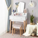 CHARMAID Makeup Vanity Set with 6 Drawers, Dressing Table with Cushioned Stool and Unique Shape Mirror, Modern Dresser for Bedroom Bathroom, Chic Wooden Vanity Table Set for Girls Women, White